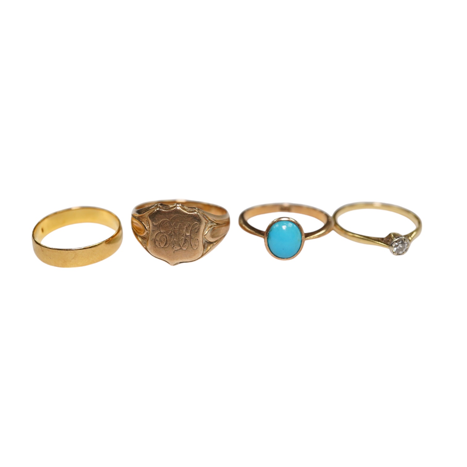 A 22ct gold wedding band, 2.6 grams, a yellow metal and solitaire diamond set ring and two 9ct gold rings including a signet ring, gross weight 9.3 grams. Condition - poor to fair